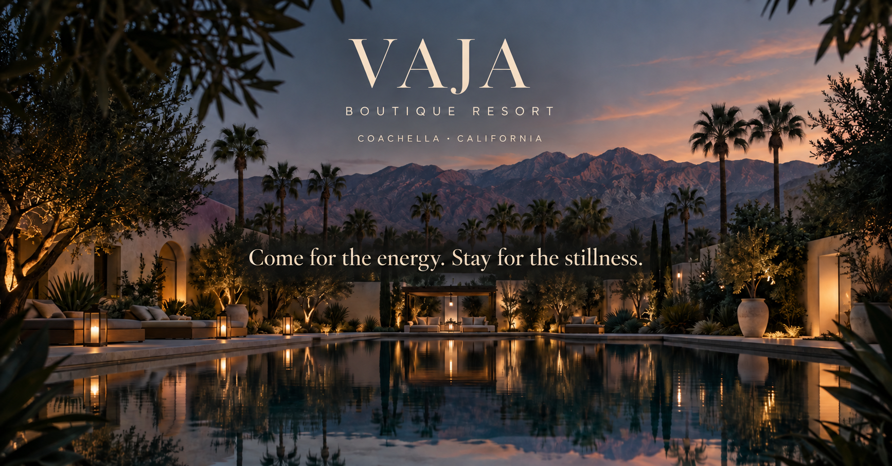 VAJA Boutique Resort in Coachella at dusk — Come for the energy. Stay for the stillness.